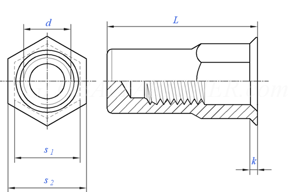 Half-Hexagon Rivet Nut Reduced Head Closed End SS 304